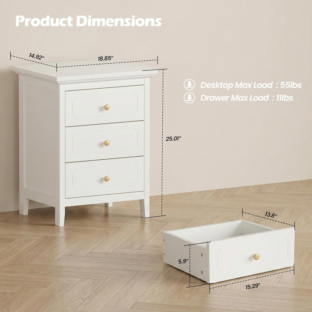 LAZZO 3-Drawer Nightstand Set of 2, Storage Side End Table for Bedroom and Living Room, White