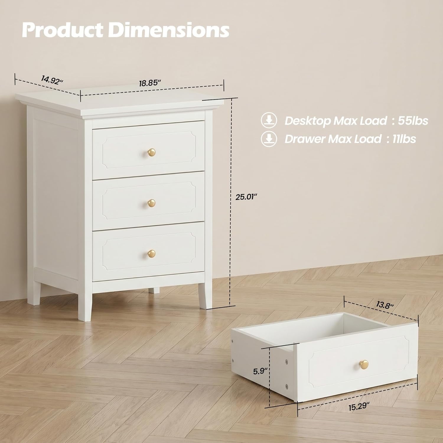 LAZZO 3-Drawer Nightstand Set of 2, Storage Side End Table for Bedroom and Living Room, White