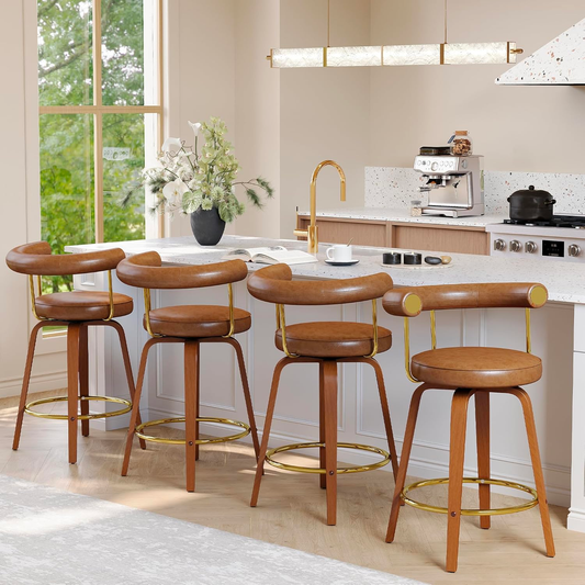 TYBOATLE Swivel Bar Stools Set of 4, 26” Counter Height Bar Stools with Bent Wood Legs and Back, Mid-Century Modern Faux Leather Bar Chairs Island Barstools for Kitchen (4, Cognac Brown)