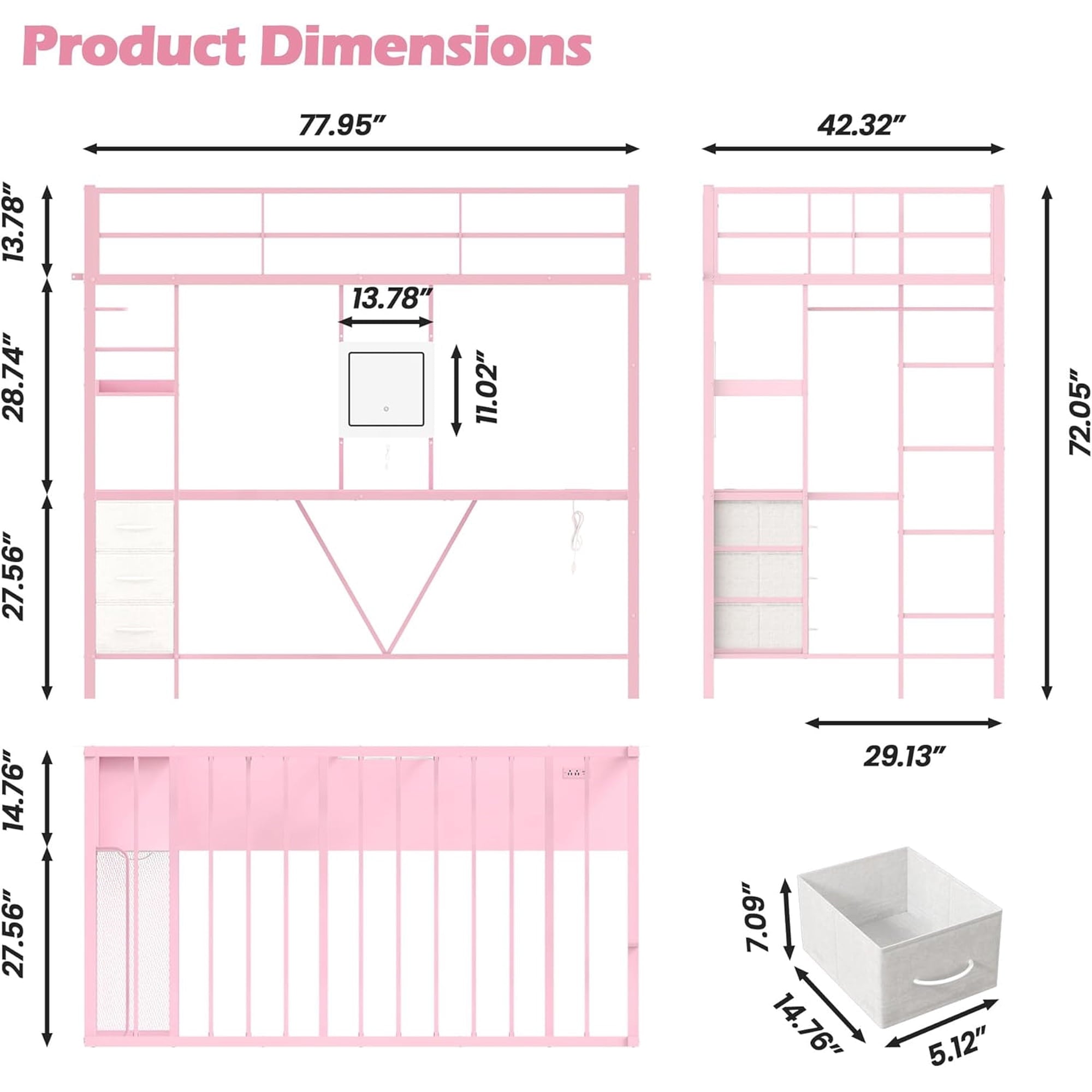 LAZZO Twin Loft Bed with Desk & Vanity, Built-in Power Strip, Storage Drawers, Space-Saving Metal Frame, No Box Spring Required, Pink