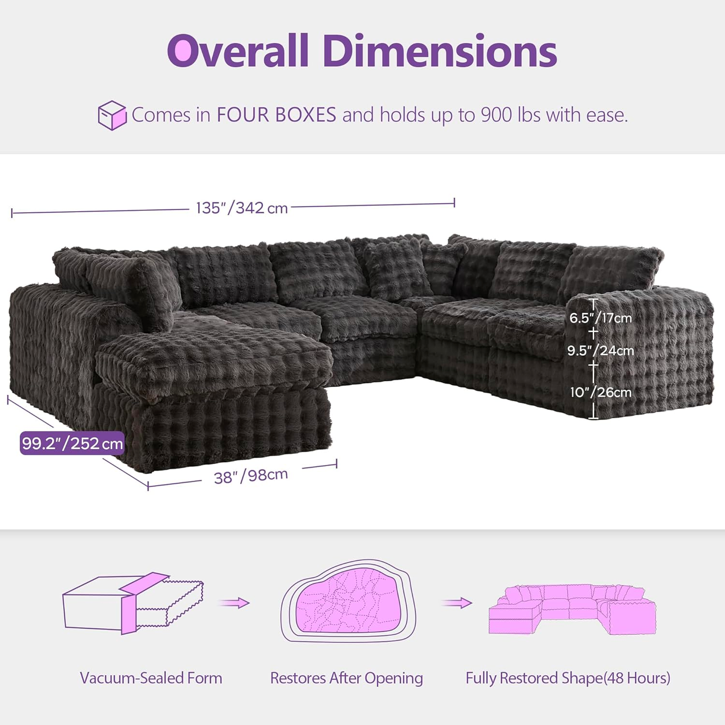 TYBOATLE 135’’ Boneless Slow-Rebound Memory Foam Couch, Cloud Sectional Couches for Living Room w/Upgraded Fabric, Deep Seat Comfy Fluffy U Shaped Modular Sectional Sofa w/Chaise (Grey, 6U)