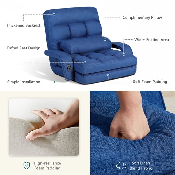 LAZZO Floor Chair with Adjustable Backrest, Folding Floor Gaming Chair with Armrests and USB Charging Ports, Blue