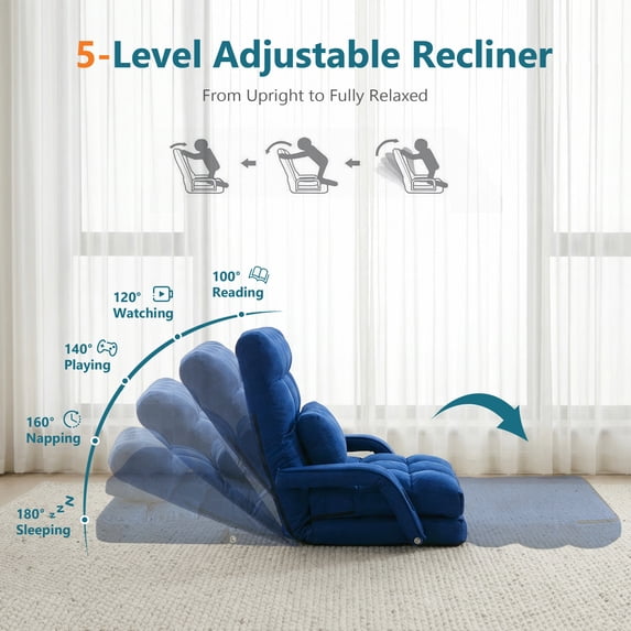 LAZZO Floor Chair with Adjustable Backrest, Folding Floor Gaming Chair with Armrests and USB Charging Ports, Blue