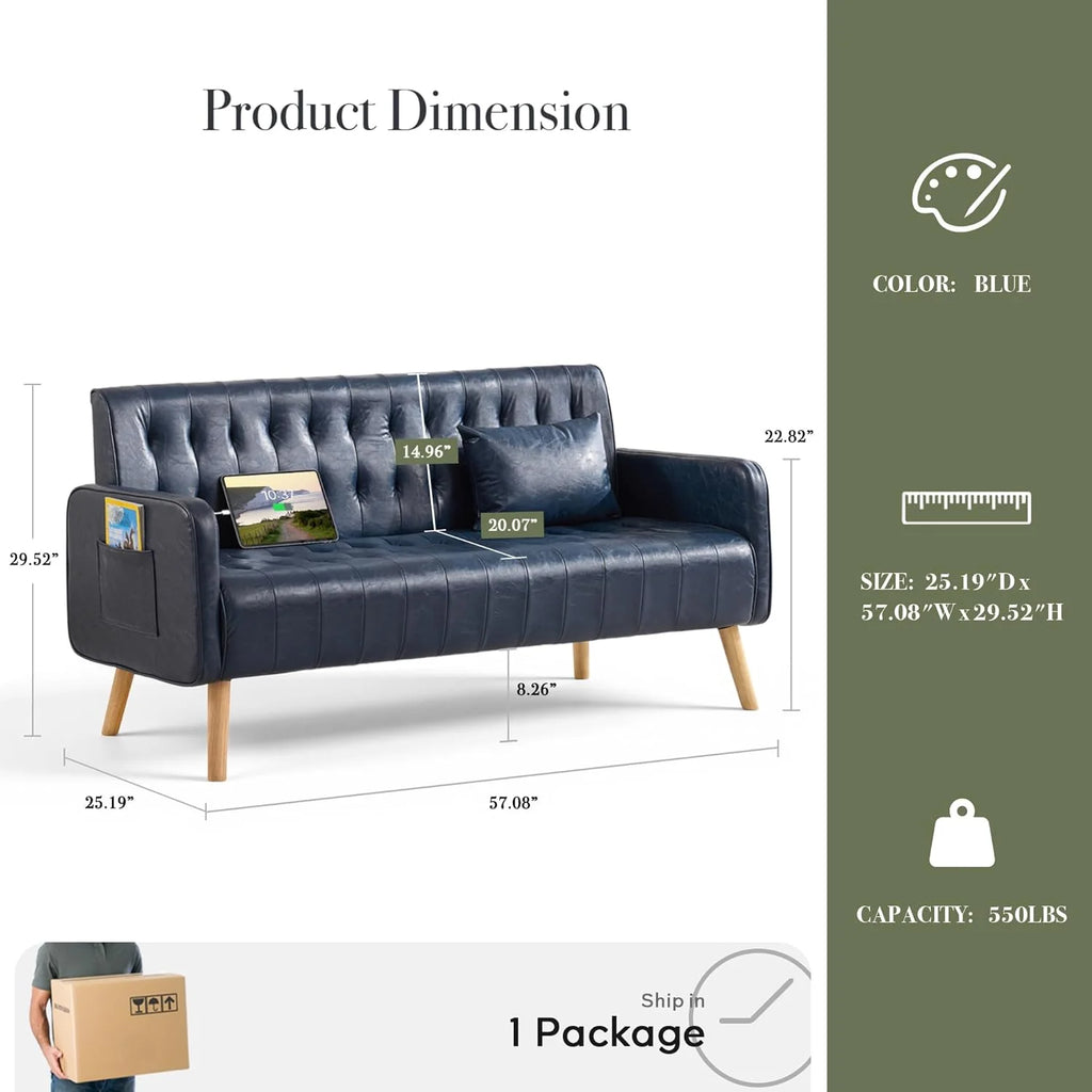 LAZZO 57" Mid-Century Modern Loveseat Sofa, Faux Leather Tufted Small Couch with USB Charging Ports & Pockets, Blue