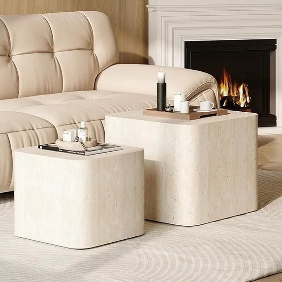 LAZZO Nesting Coffee Table Set of 2, Modern Wooden Coffee Table & End Table, Small Side Tables for Living Room, Bedroom & Apartment, Beige