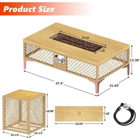 LAZZO Outdoor Fire Pit Table, Rectangular 60000 BTU Propane Fire Pit with Wicker Frame and Tank Holder