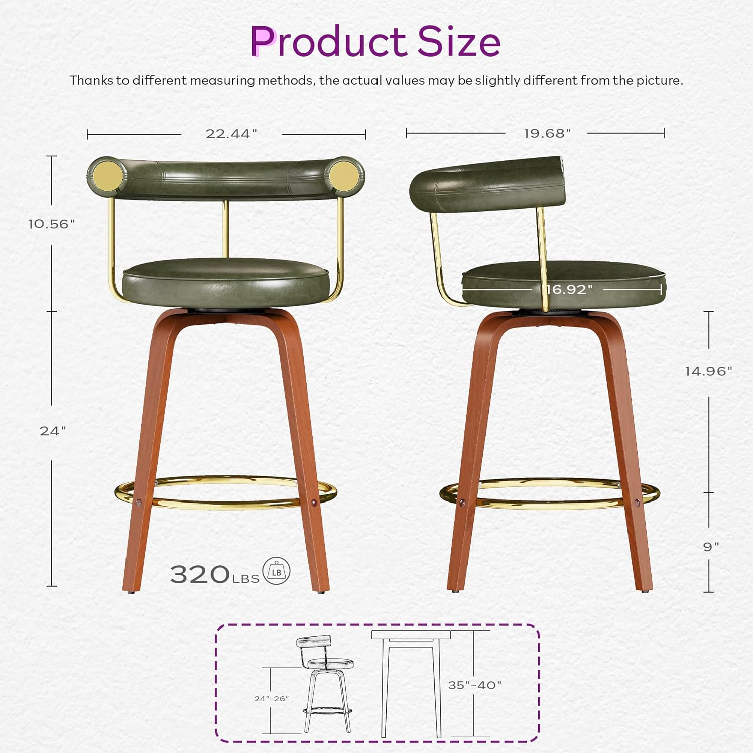 TYBOATLE Swivel Bar Stools Set of 4, 26” Counter Height Bar Stools with Bent Wood Legs and Back, Mid-Century Modern Faux Leather Bar Chairs Island Barstools for Kitchen (4, Olive Green)