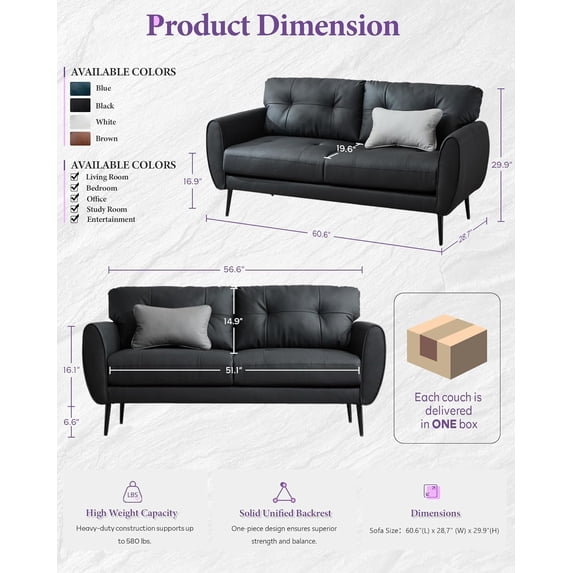 LAZZO 61“ Loveseat Sofa, Tufted Faux Leather 2-Seater Couch for Small Spaces, Black