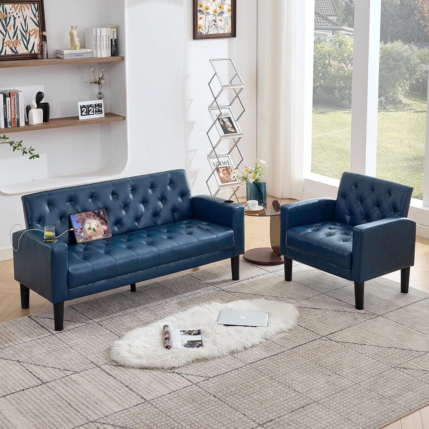 TYBOATLE 62" W Blue Leather Loveseat w/Chairs, Comfy Leather Couch, 2 Pieces Furniture Sets for Living Room, Apartment, Office