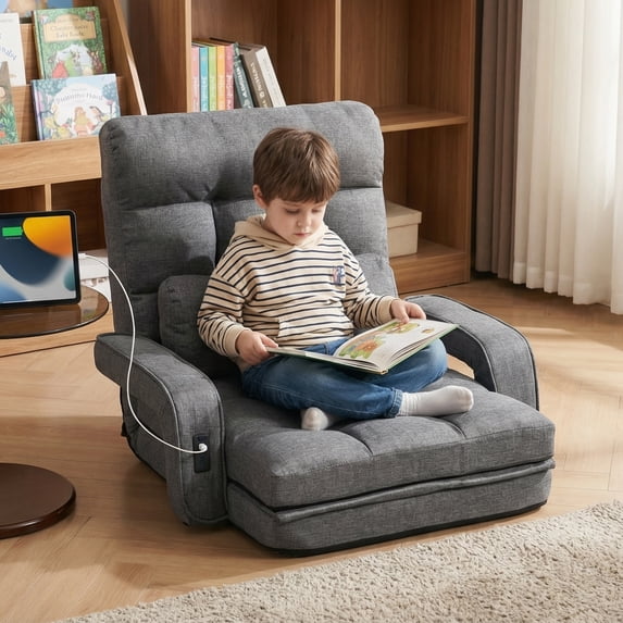 LAZZO Floor Chair with Adjustable Backrest, Folding Floor Gaming Chair with Armrests and USB Charging Ports, Gray