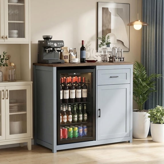LAZZO Bar Cabinet with Mini Fridge Space, 41.7" Storage Cabinet with Power Outlet, Drawer and Adjustable Shelves for Kitchen and Dining Room