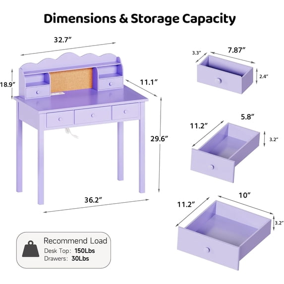 LAZZO 36“ Writing Desk with Built-in Outlet and Detachable Hutch, Wooden Computer Desk for Small Place and Home Office, Purple