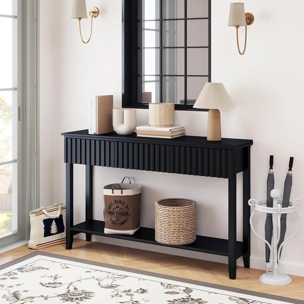 LAZZO Modern Fluted Console Table, Narrow Long Behind Couch Sofa Entryway Table with 3 Drawers & 1-Tier Open Shelf, Black