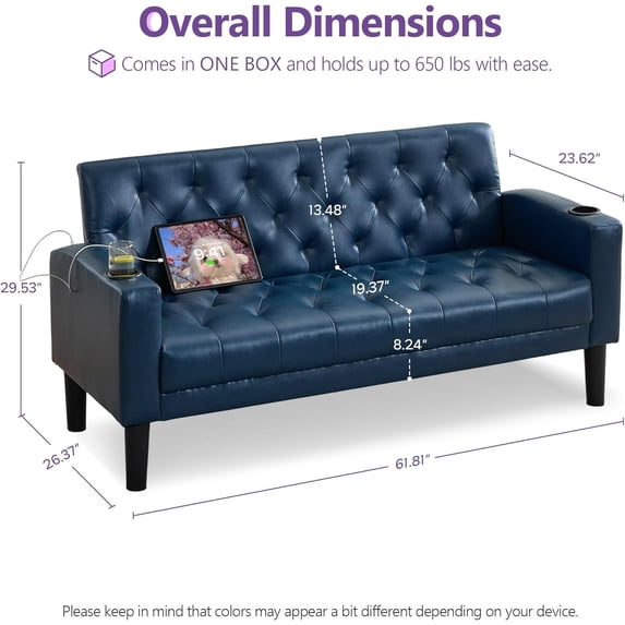 LAZZO 62" Loveseat Sofa, Tufted Couch with USB Ports and Cupholders for Living Room, Office and Bedroom, Blue