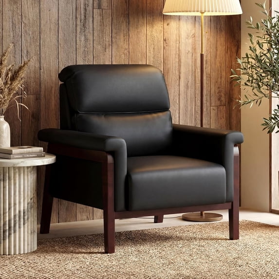 LAZZO Faux Leather Accent Chair, High Back Upholstered Armchair with Padded Arms and Solid Wood Legs for Living Room and Bedroom, Black