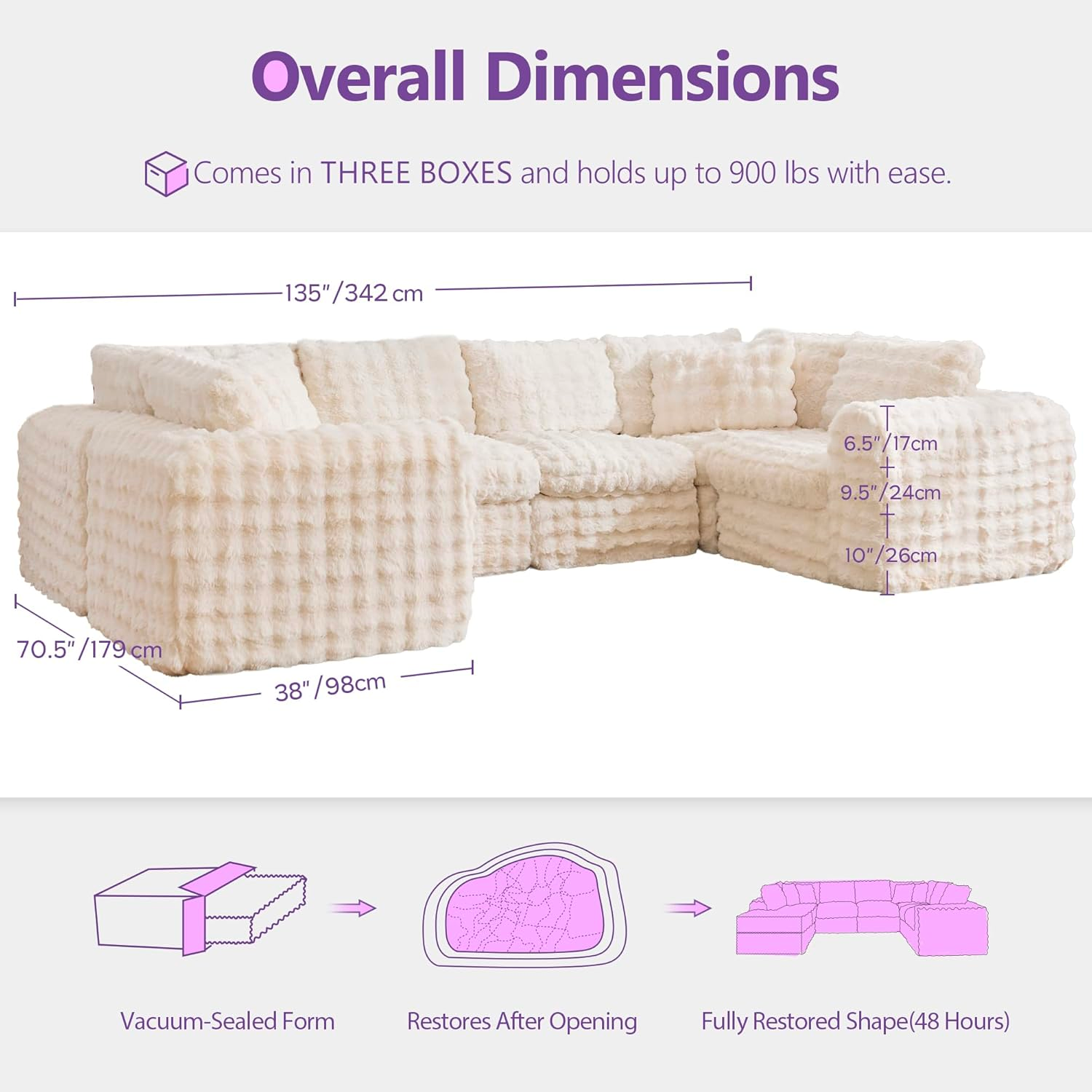 TYBOATLE 135’’ Boneless Slow-Rebound Memory Foam Couch, Cloud Sectional Couches for Living Room w/Upgraded Fabric, Deep Seat Comfy Fluffy U Shaped Modular Sectional Sofa w/Chaise (Beige, 6U)