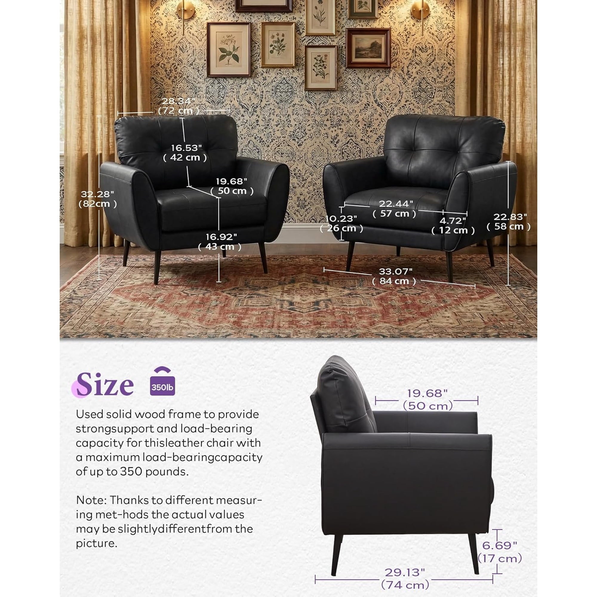 LAZZO Tufted Leather Accent Chair, Mid-Century Modern Upholstered Armchair for Living Room and Bedroom, Black