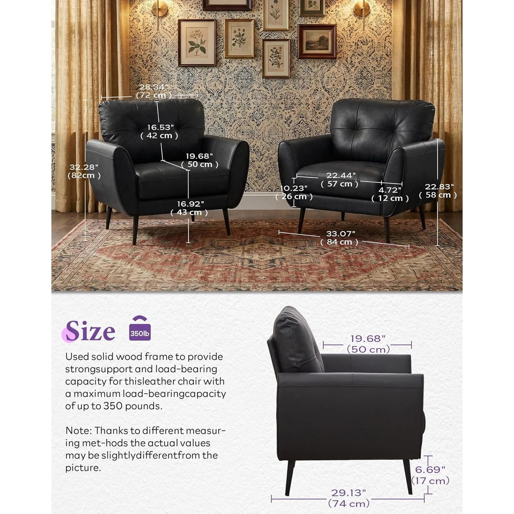 LAZZO Tufted Leather Accent Chair, Mid-Century Modern Upholstered Armchair for Living Room and Bedroom, Black