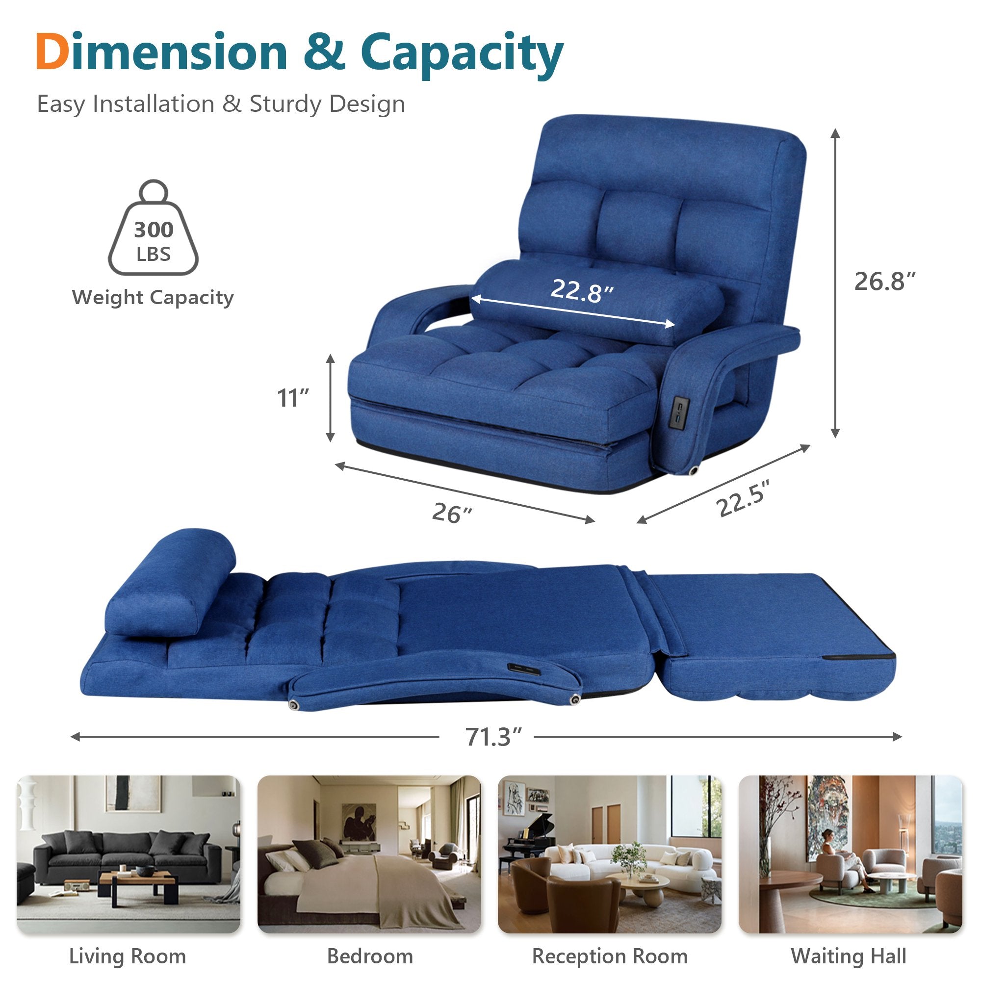 LAZZO Floor Gaming Chair with USB Charging Ports, Folding Lounge Chair with Armrests and 5-Position Adjustable Backrest, Blue