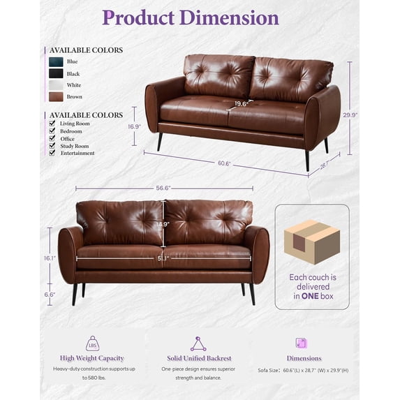 LAZZO 61“ Loveseat Sofa, Tufted Faux Leather 2-Seater Couch for Small Spaces, Brown