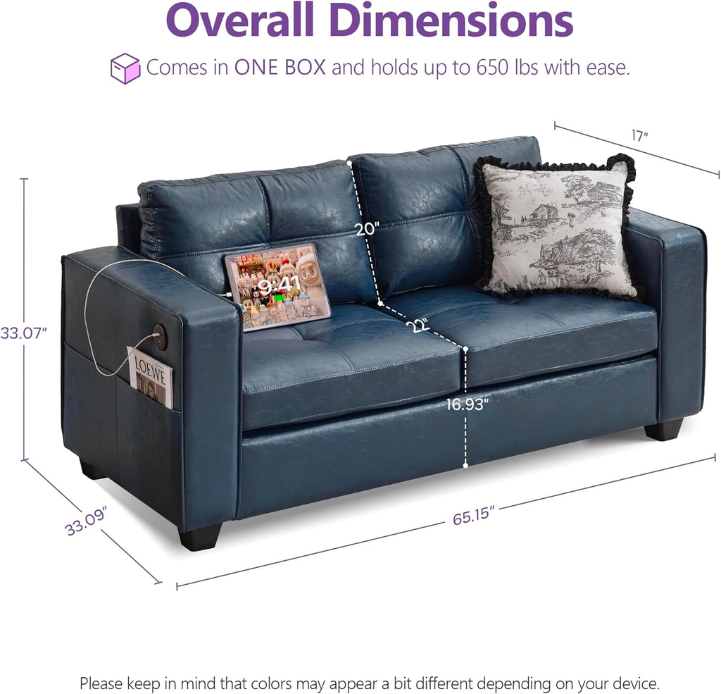 TYBOATLE 65" Blue Faux Leather Loveseat for Bedroom, Mid-Century Modern Tufted Comfy Loveseat w/USB Charging Ports and Wide Arms, 2 Seat Office Small Couch for Small Space