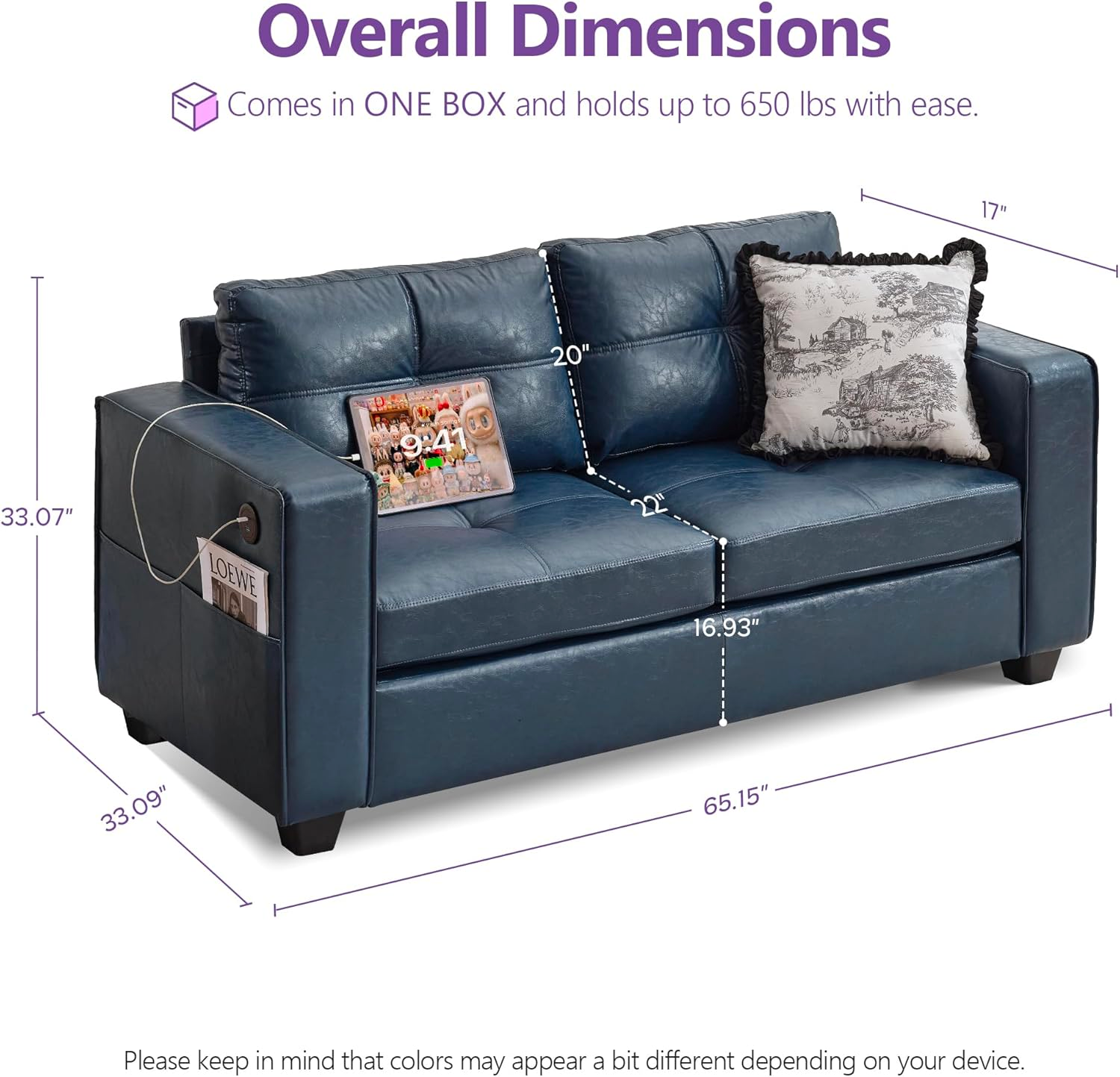 TYBOATLE 65" Blue Faux Leather Loveseat for Bedroom, Mid-Century Modern Tufted Comfy Loveseat w/USB Charging Ports and Wide Arms, 2 Seat Office Small Couch for Small Space