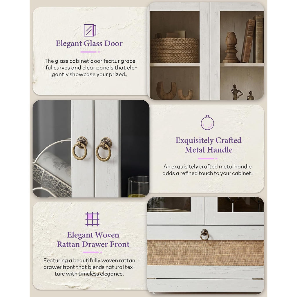 LAZZO 71" Arched Pantry Cabinet with Glass Door & Drawer, Storage Cupboard with Anti-Tipping Device, White