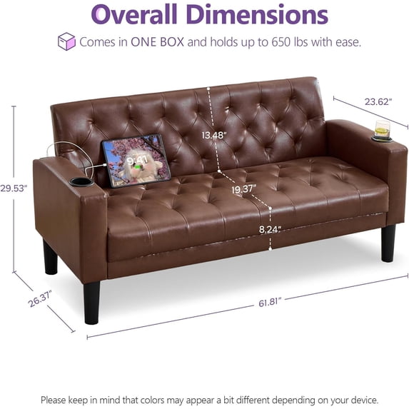 LAZZO 62" Loveseat Sofa, Tufted Couch with USB Ports and Cupholders for Living Room, Office and Bedroom, Brown
