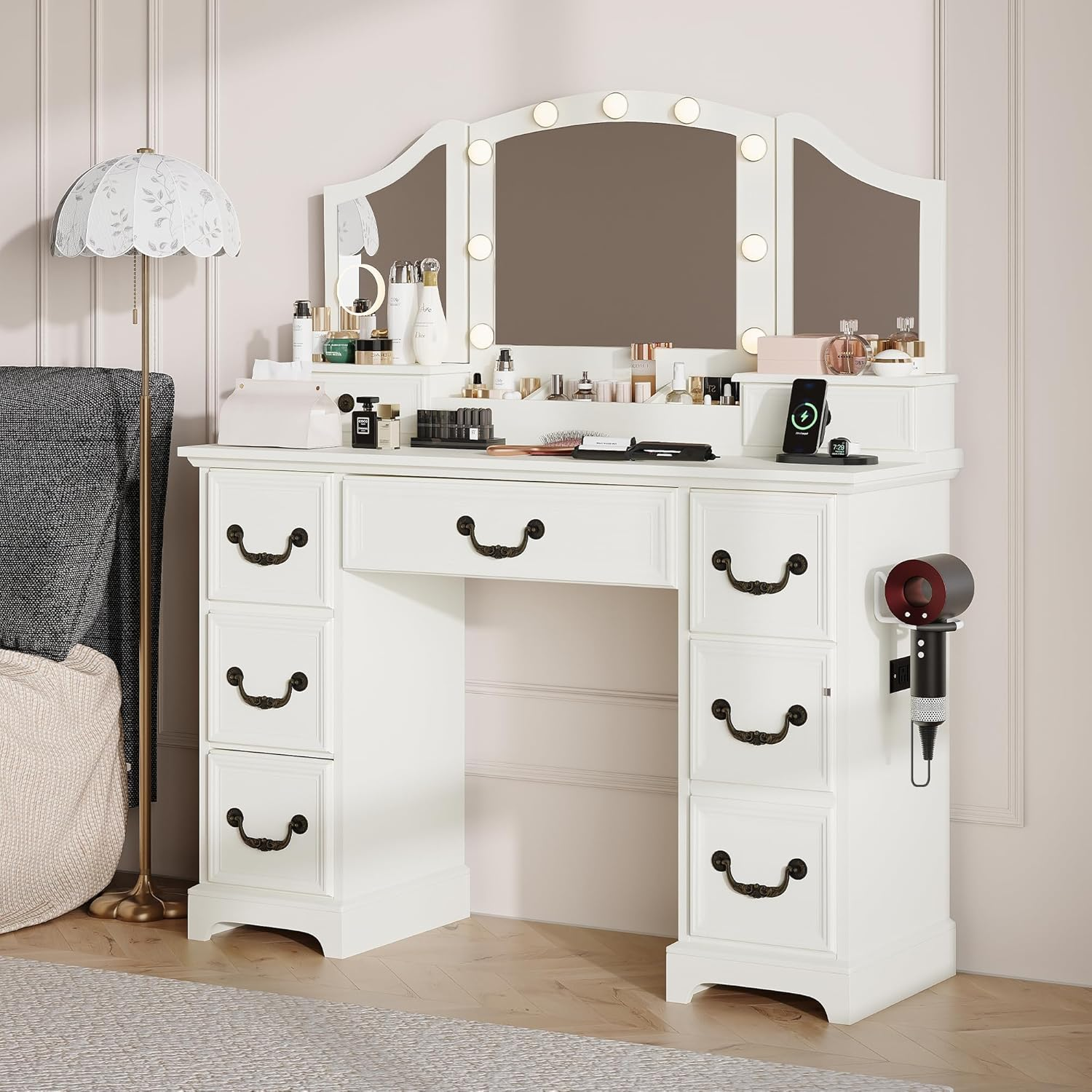 HOPUBUY Vanity Desk with Mirrors and Lights,Farmhouse Makeup Vanity with 7 Storage Drawers&Power Outlets,3 Dimmable Light Colors White Dressing Table with Magnifying Mirror for Bedroom, Dressing Room