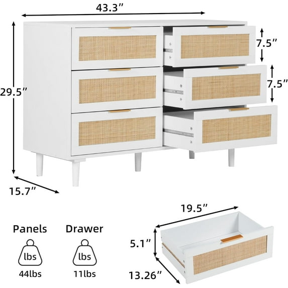 LAZZO 6-Drawer Rattan Dresser, Modern Chest of Drawers, Wooden Storage Organizer for Bedroom, Living Room & Hallway, White