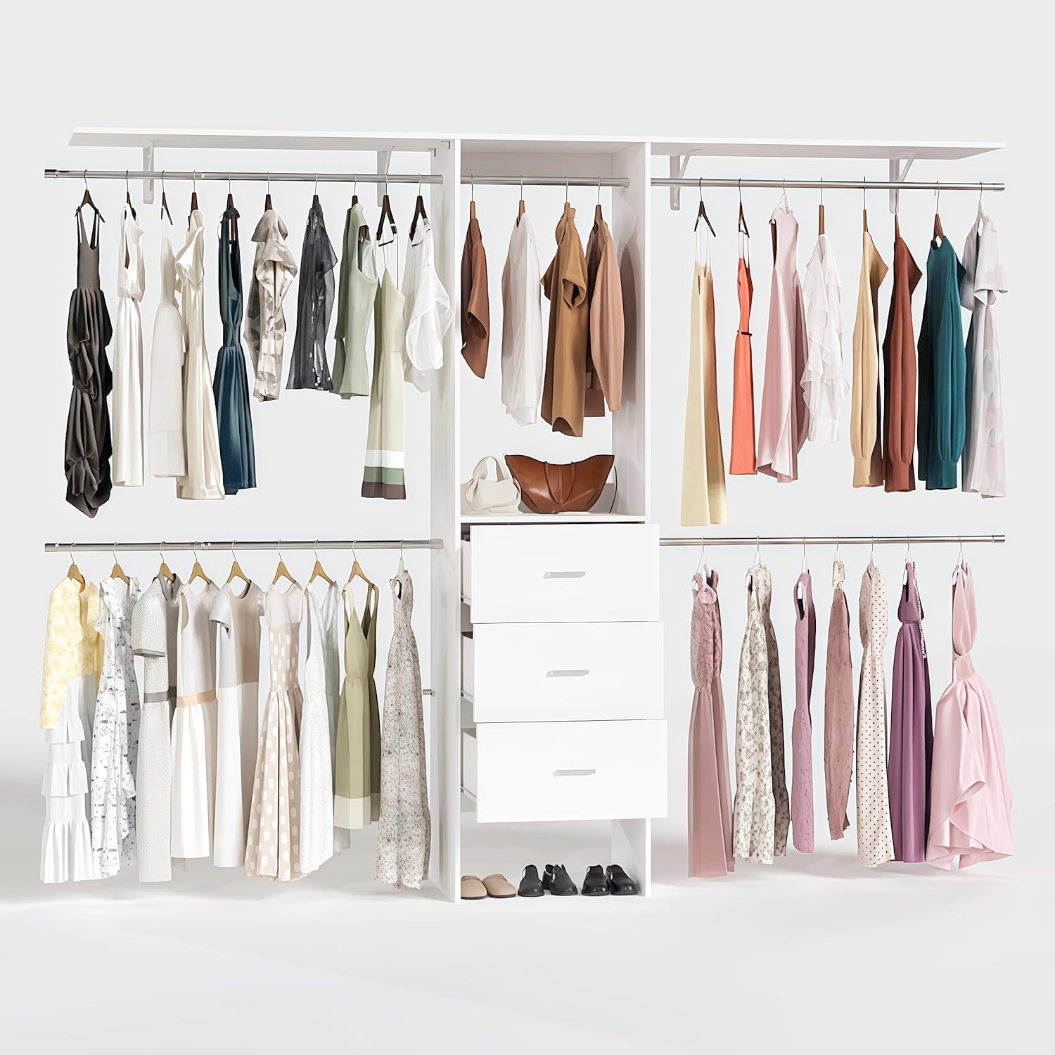 HOPUBUY Closet System 4-8FT Closet Organizer with 3 Drawers and 4 Hanging Rods, 96" Walk in Wardrobe Closet Kits Built-in Wood Clothing Garment Rack for Bedroom(White)