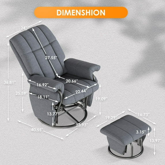 LAZZO Swivel Glider Recliner with Ottoman, 360° Rocking Chair with Footrest & Side Pockets, Living Room Bedroom Office Recliner, Gray