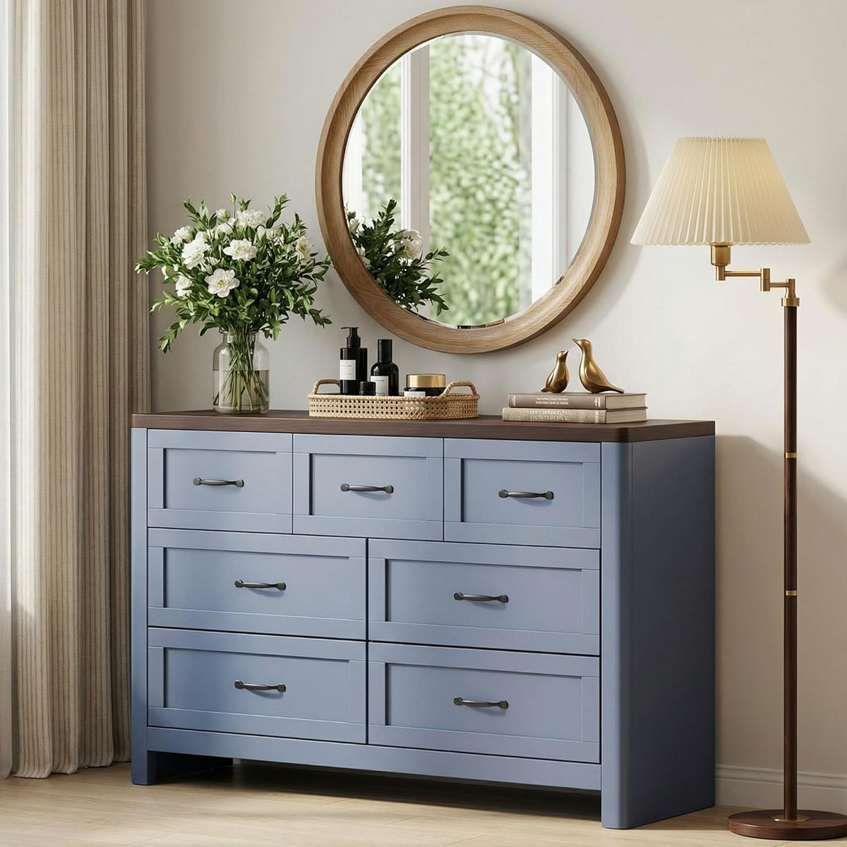 LAZZO 7-Drawer Wide Dresser, 47" Modern Wooden Storage Chest for Bedroom Living Room Hallway, Navy Blue