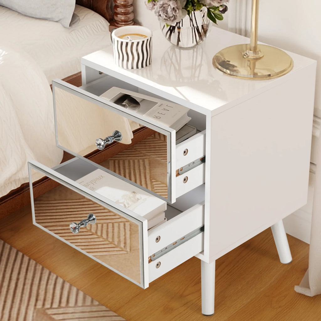 LAZZO Mirrored Nightstand Set of 2, Modern White 2-Drawer Bedside Table for Bedroom and Living Room