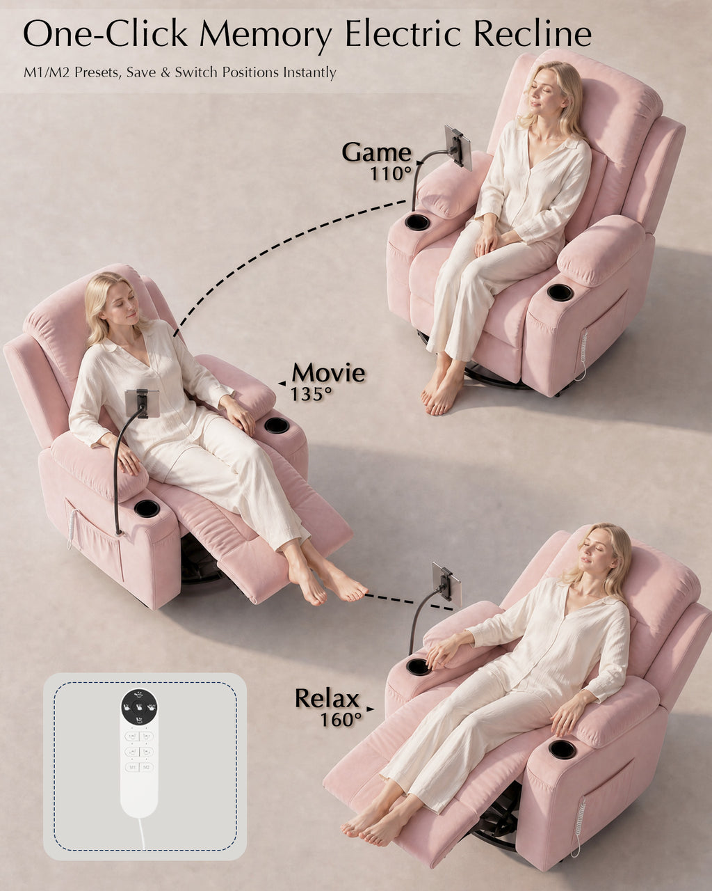 AODAILIHB  Power Swivel Recliner Chair w/ Motorized Adjustable Armrests,320° Swivel Gentle Rocking M1 M2 Memory Remote Control Nursing Glider w/ Storage Pockets Cup Phone Holder for Breastfeeding Living Room