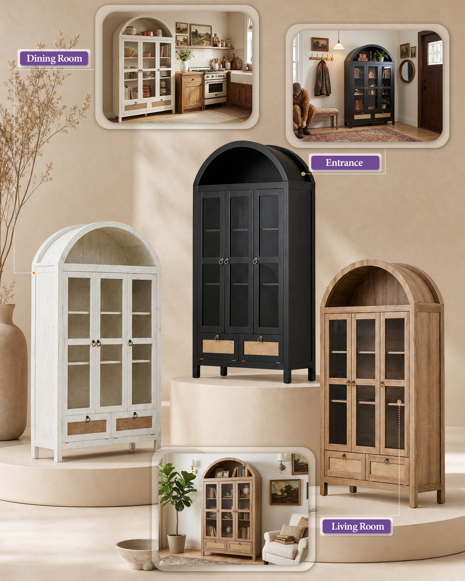 75'' Black Arched Cabinet, Arch Pantry Storage Cabinet with 3 Glass Doors | TYBOATLE, Pantry Cabinet, Farmhouse Style, Rattan Drawers, Anti-Tip Device, Kitchen, Bathroom, Dining Room, Cupboard Storage