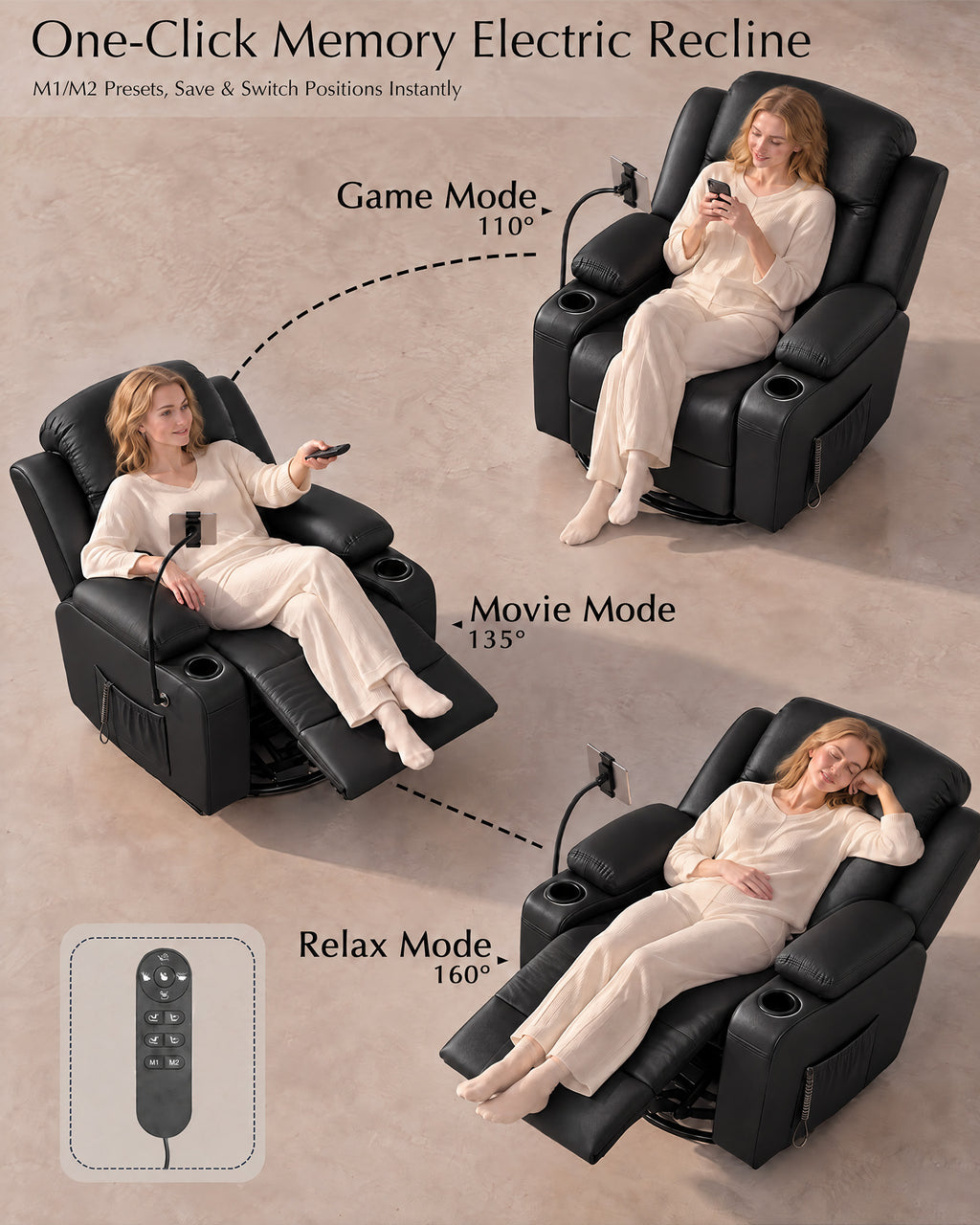 AODAILIHB Power Swivel Recliner Chair w/ Motorized Adjustable Armrests,320° Swivel Gentle Rocking M1 M2 Memory Remote Control Nursing Glider w/ Storage Pockets Cup Phone Holder for Breastfeeding Living Room
