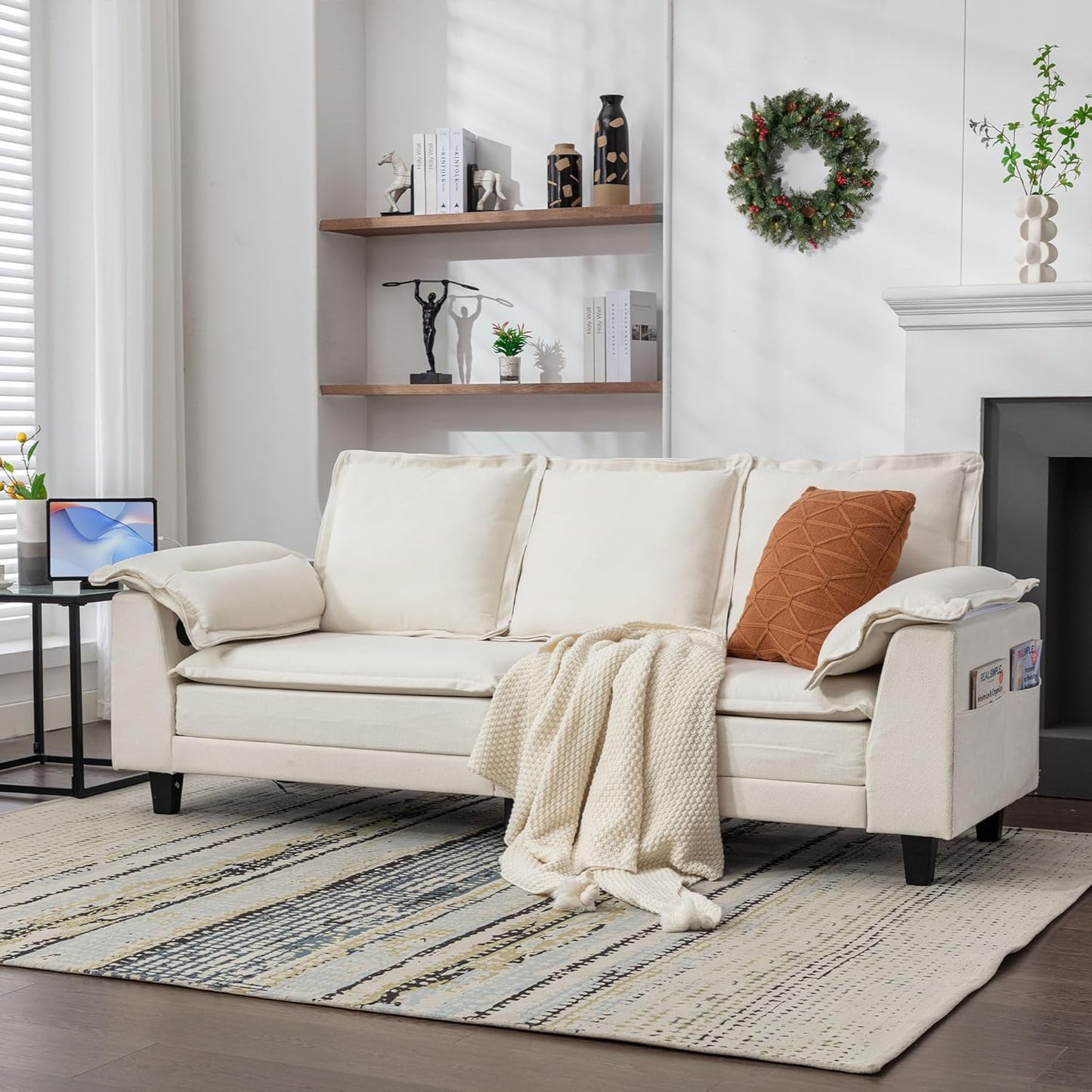 TYBOATLE Sofa Couches for Living Room, Mid-Century Modern Comfy 85" W Loveseat w/2 USB Charger & Wide Arms, 3 Seater Cloud Small Couch Sofas for Small Space Apartment Bedroom Office (Chenille Cream)