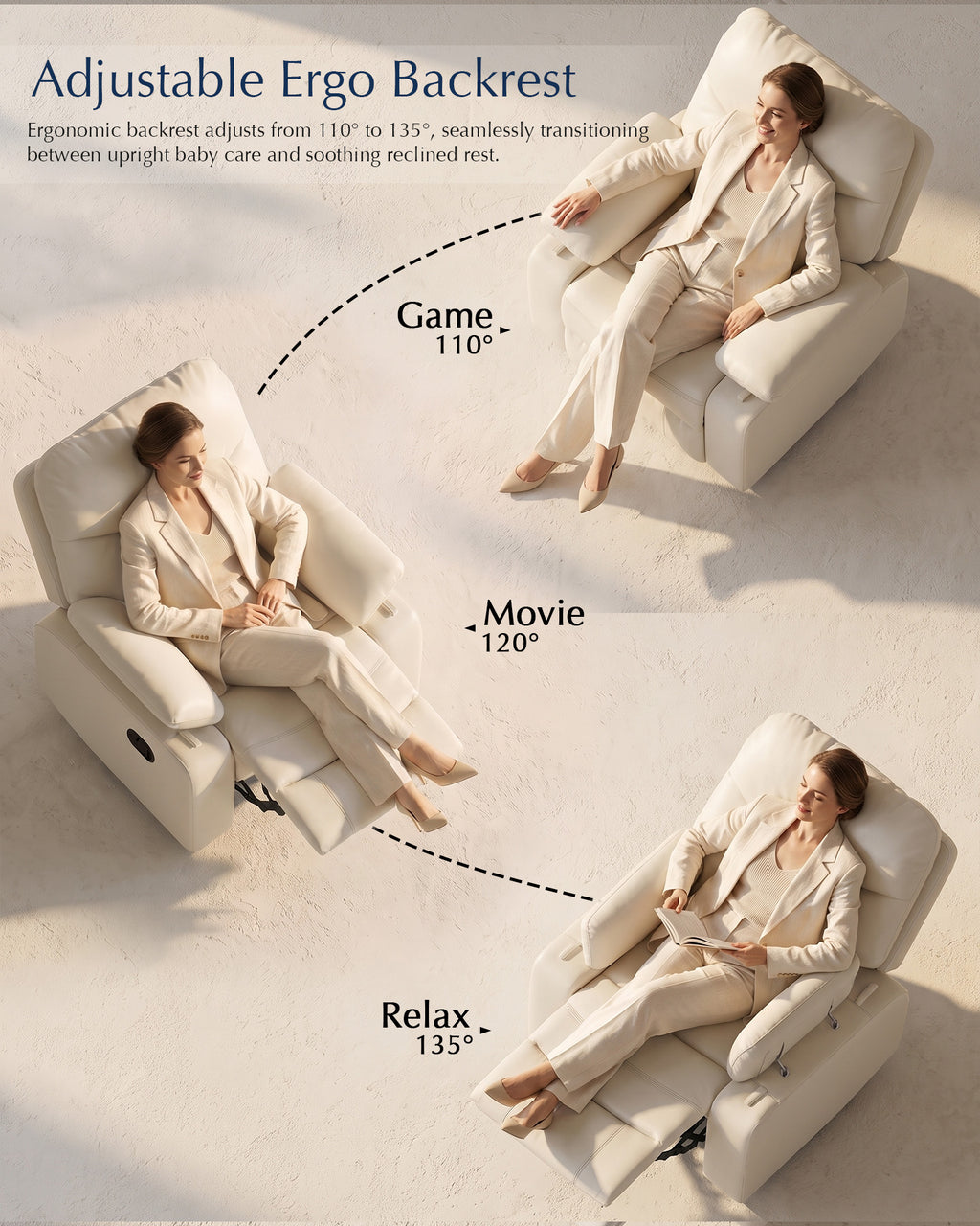 AODAILIHB Recliner Chair w/Adjustable Armrests for Adults White,360° Swivel, 30° Rocker, 135° Recline, Comfy White Leather Nursing Reclining Sofa Chair for Living Room, RV