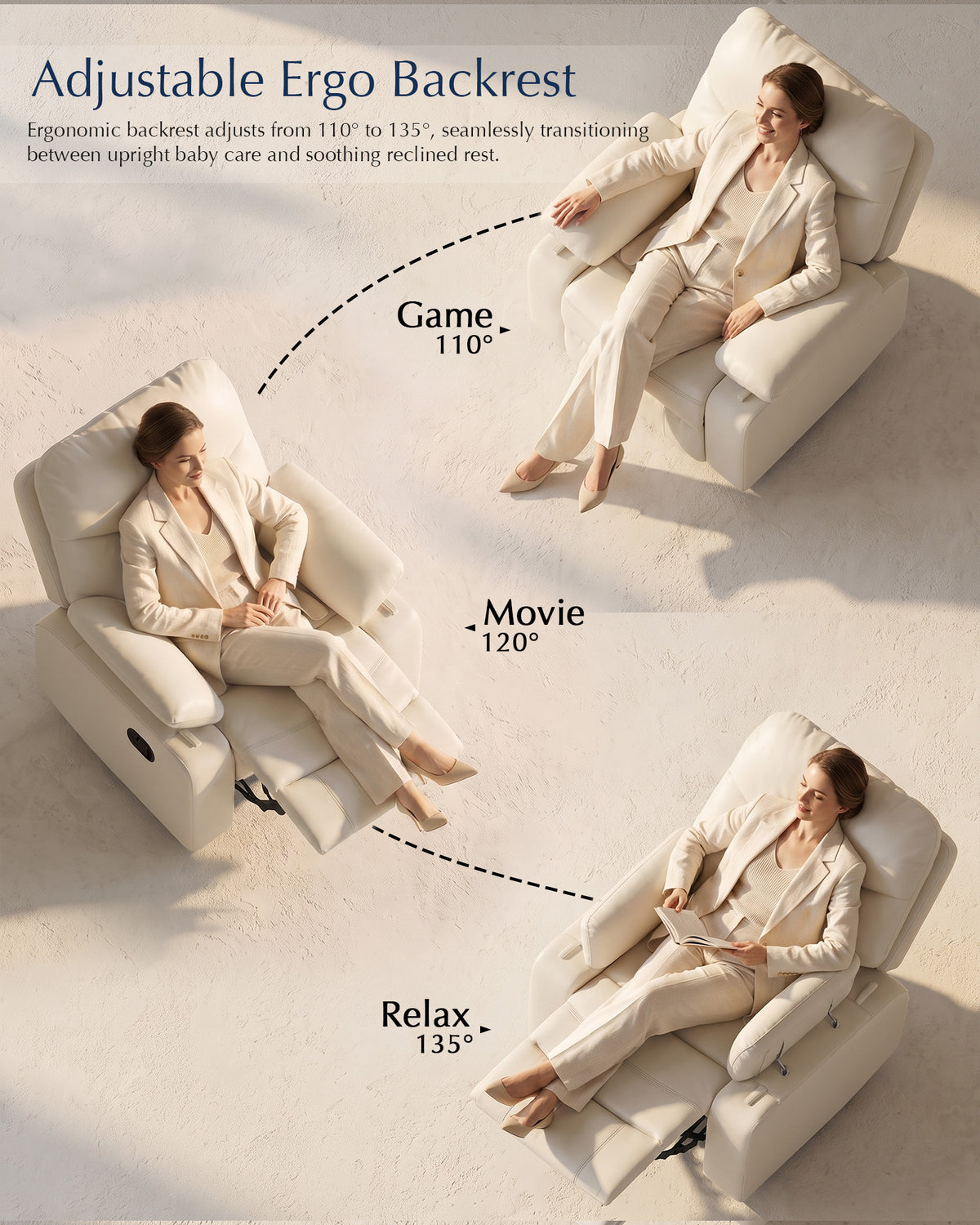 AODAILIHB Recliner Chair w/Adjustable Armrests for Adults White,360° Swivel, 30° Rocker, 135° Recline, Comfy White Leather Nursing Reclining Sofa Chair for Living Room, RV