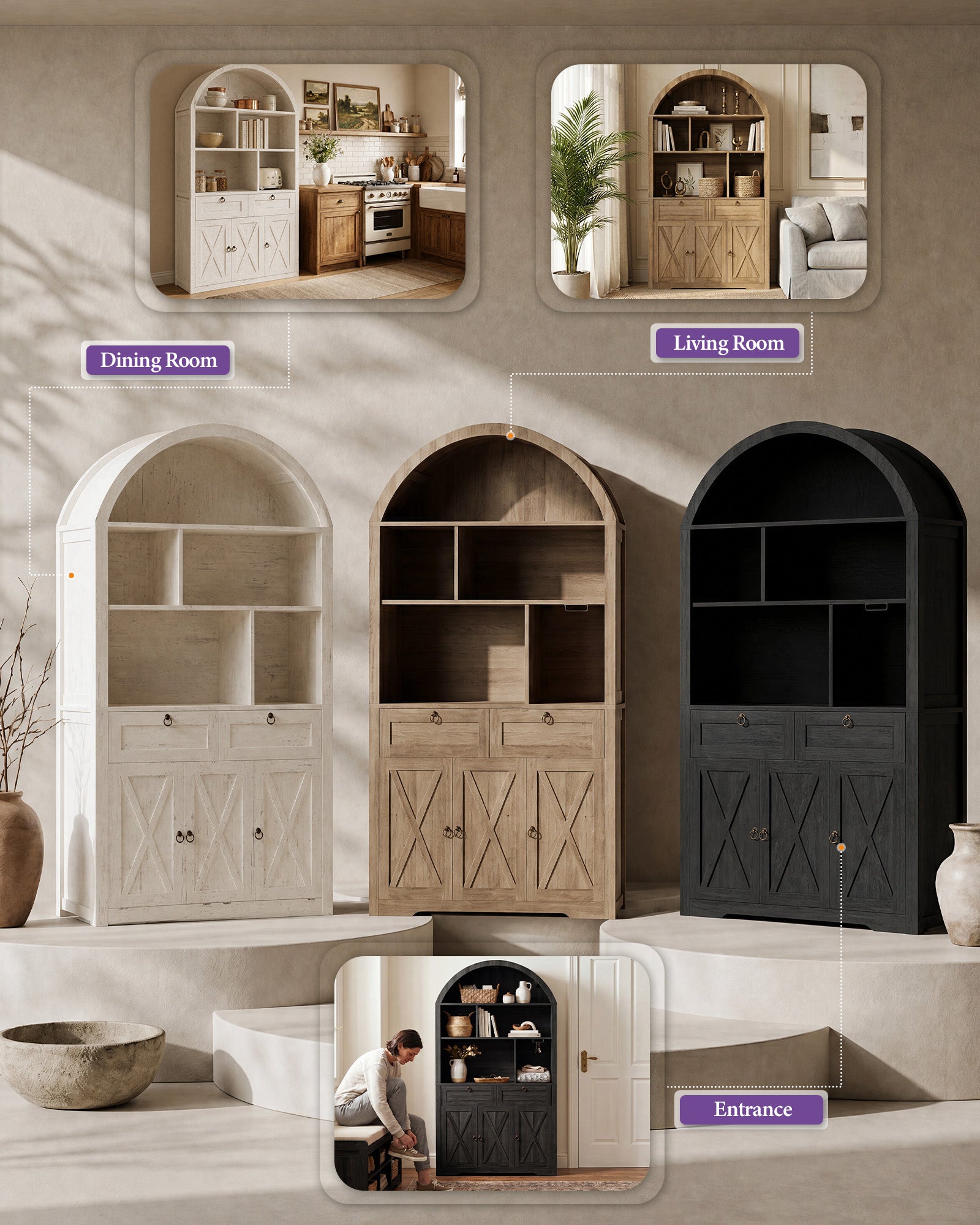 75'' Arched Cabinet, Arch Storage Cabinet with Power Strip Kitchen Dining | TYBOATLE, Farmhouse Pantry Cabinet, Open Shelves, Soft-Close Doors, Anti-Tip Device, X-Frame Doors, Coffee Bar Storage