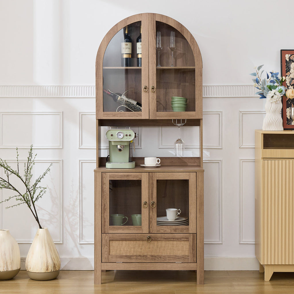 TYBOATLE 75’’ Tall Arched Pantry Cabinet w/Accessible Storage Area, China Cabinet w/Anti-Tipping Device and Innovative Drawer, Versatile Cupboard for Kitchen, Dining (Natrual)