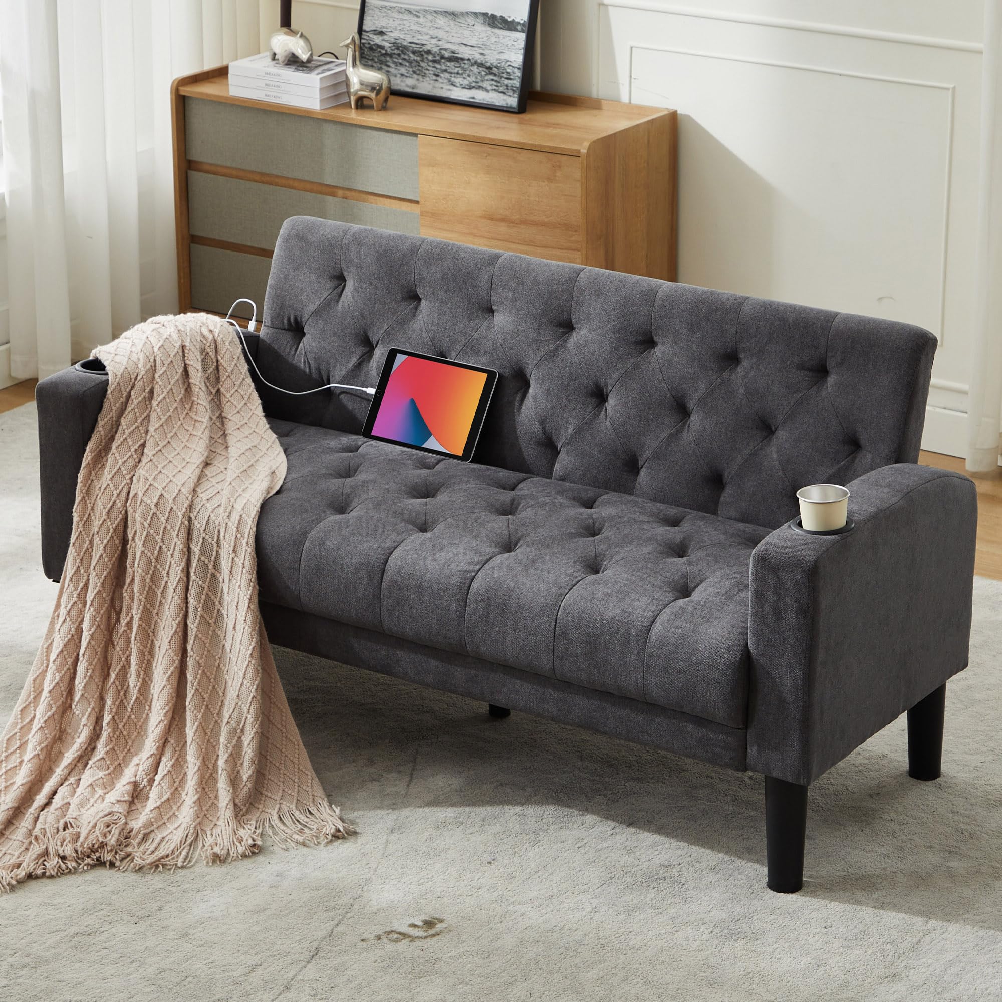 TYBOATLE 62" W Loveseat Sofa w/ 2 USB Charger Ports and 2 Cupholders, Mid-Century Modern Tufted Linen Fabric Small Love Seat Couches for Compact Living Room, Bedroom, Apartment, Dorm (1, Dark Grey)