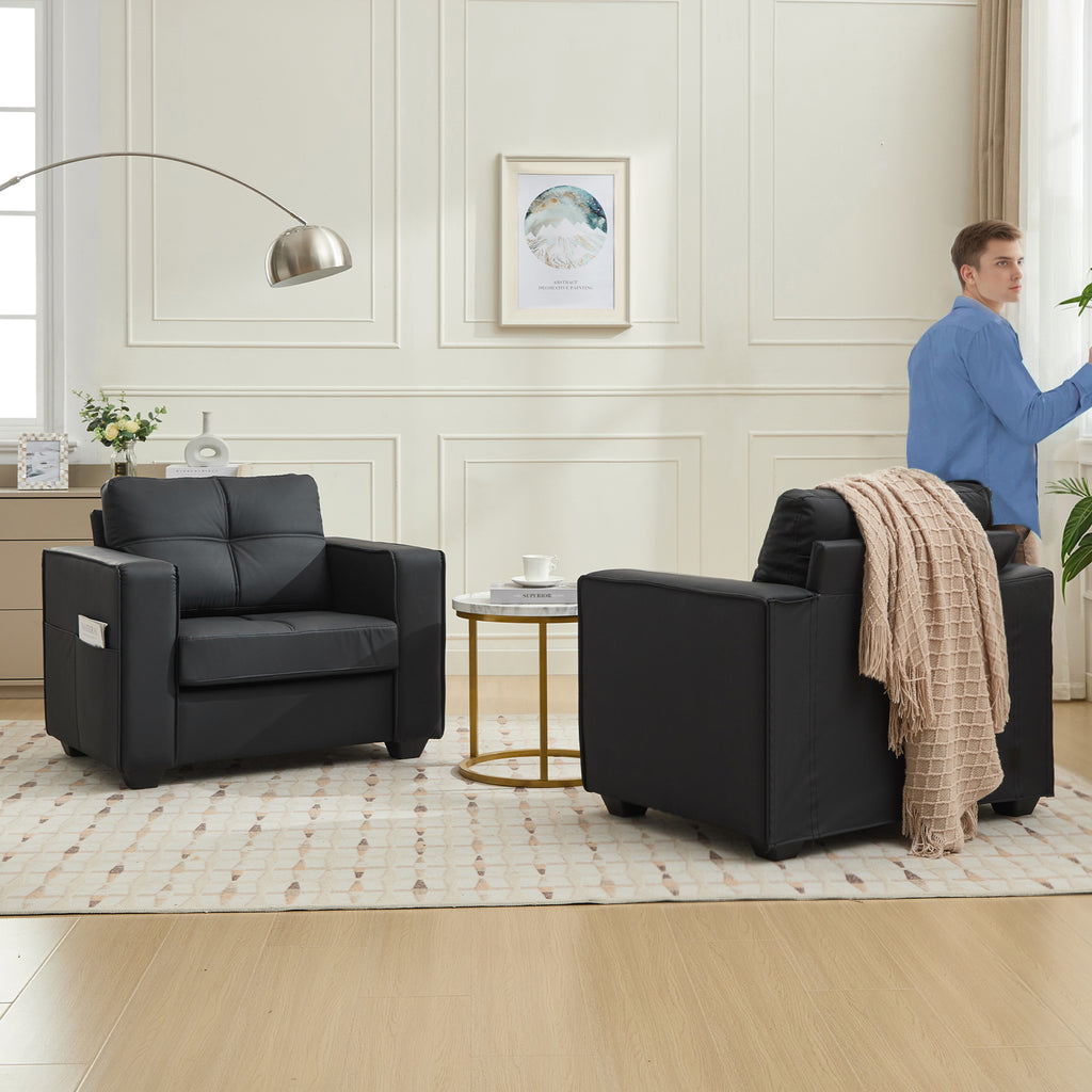 TYBOATLE Accent Chair, Comfy Black Faux Leather Living Room Chair Reading Oversized Accent Chairs Tufted Mid Century Modern Arm Chair, Wide Armchair for Office Bedroom Lobby