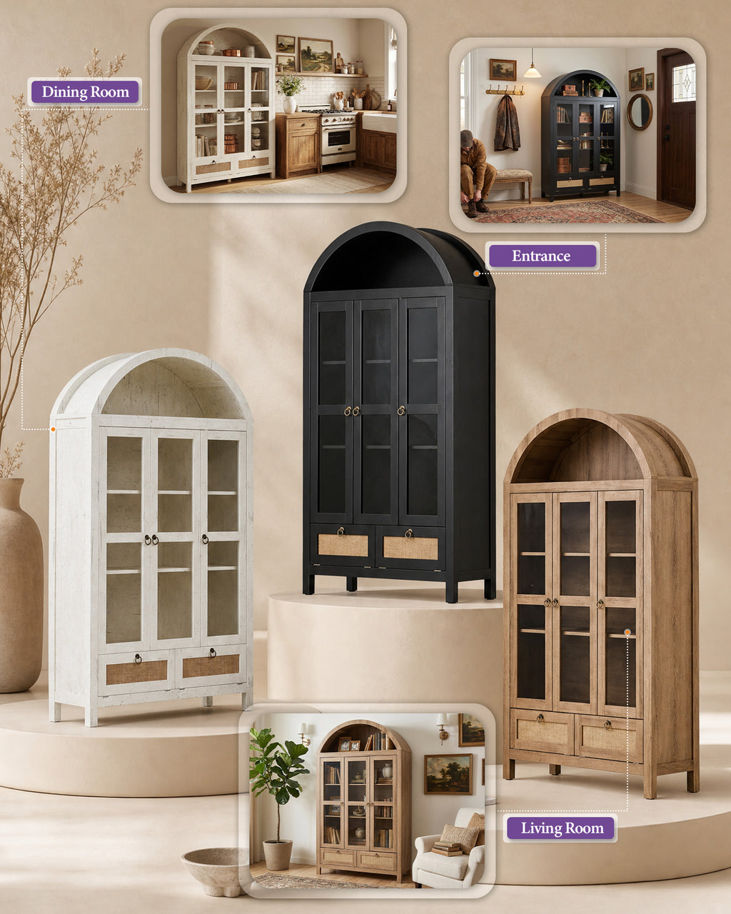 75'' White Arched Cabinet, Arch Storage Cabinet, Pantry with 3 Glass Doors | TYBOATLE, Pantry Cabinet, Farmhouse Style, Rattan Drawers, Anti-Tip Device, Kitchen, Bathroom, Dining Room, Cupboard Storage