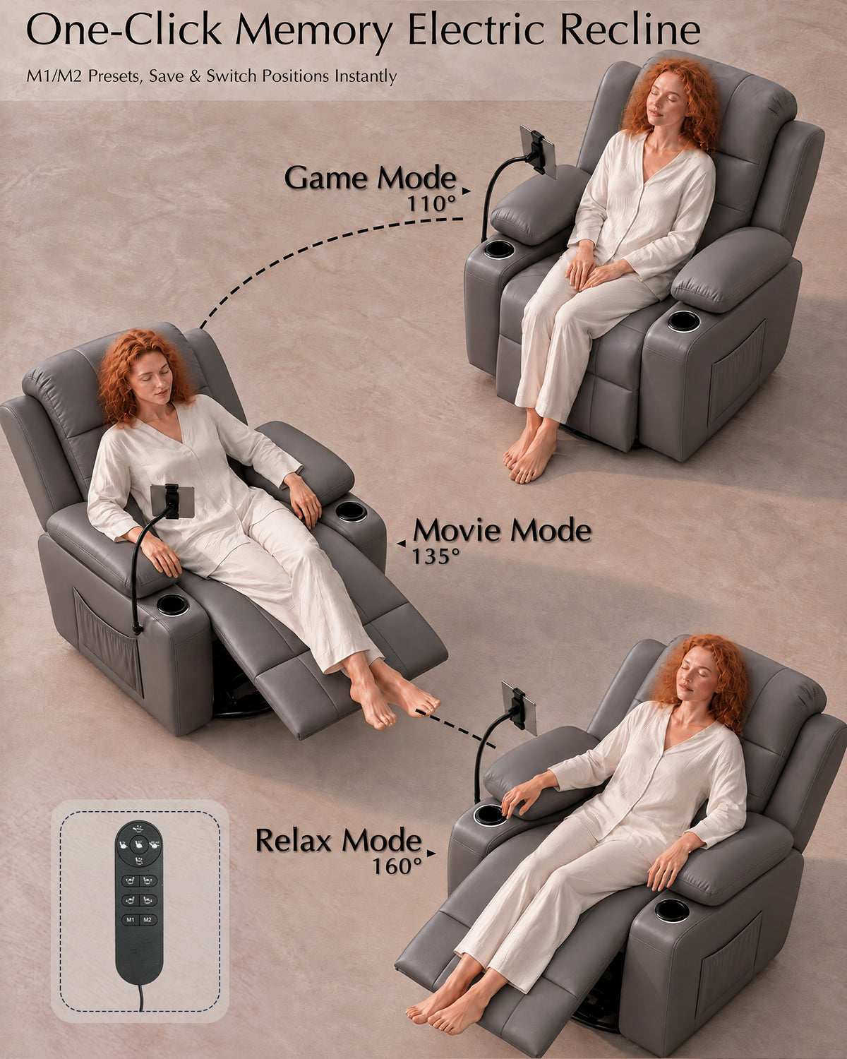 AODAILIHB  Power Swivel Rocker Recliner Chair Nursery w/ Motorized Adjustable Armrests Gentle Rocking M1 M2 Memory Remote Control Nursing Glider w/ Storage Pockets Cup Phone Holder for Breastfeeding Living Room