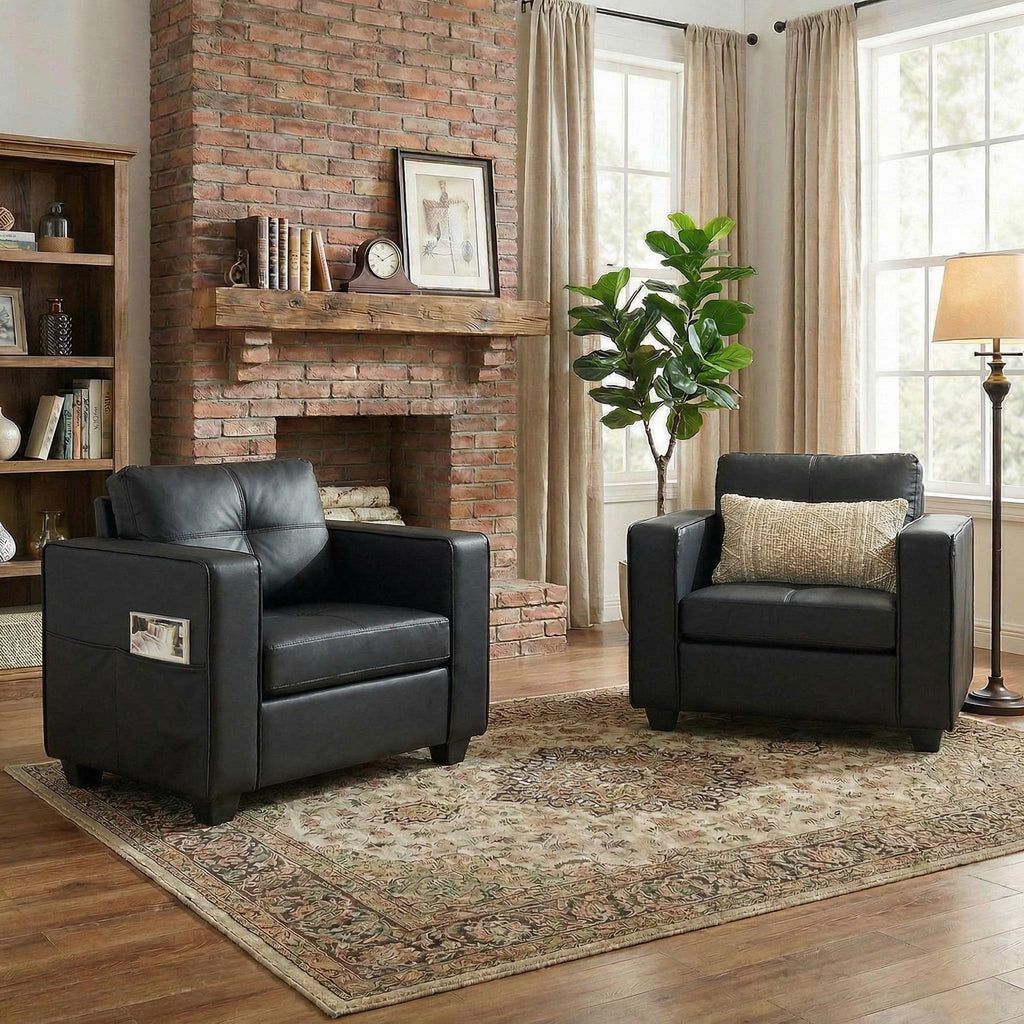 TYBOATLE Accent Chairs Set of 2, Comfy Black Faux Leather Living Room Chair Reading Oversized Accent Chairs Tufted Mid Century Modern Arm Chair, 38.58" Wide Armchair for Office Bedroom Lobby