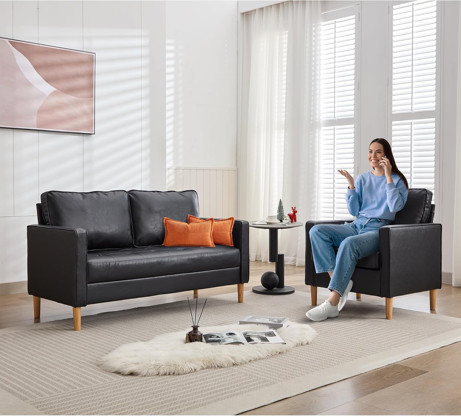 TYBOATLE 57" Small Black Faux Leather Sofa Couches, 2 Piece Living Room Set, Mid-Century Modern Tufted Comfy Loveseat, 2 Seater Office Couch Love Seat for Small Space Bedroom Drom Apartment Playroom