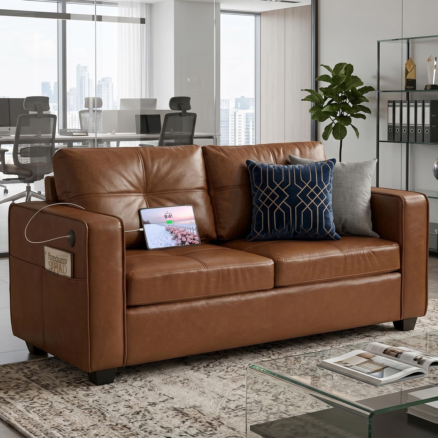 TYBOATLE 65" Faux Leather Love Seat Sofa for Living Room, Modern Tufted Comfy Loveseat w/USB Charging Ports and Wide Arms, 2 Seater Office Small Couch for Small Space Bedroom, Brown