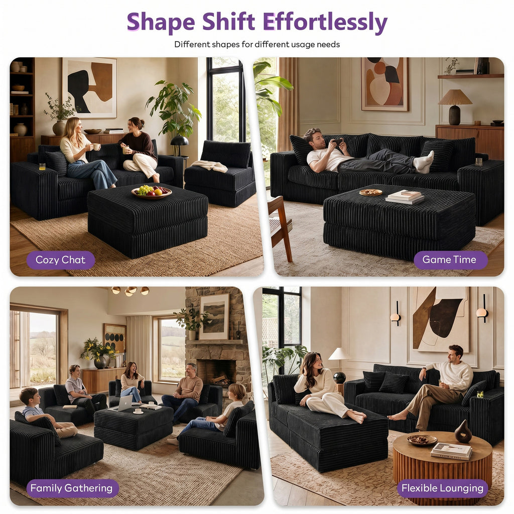 TYBOATLE Modular Sectional Sofa Couch, Corduroy Cloud Boneless Foam Couch with Deep Seats & Cup Holder, Modern Comfy Sleeper Sofa with L-Shape Chaise, No Assembly (Black)